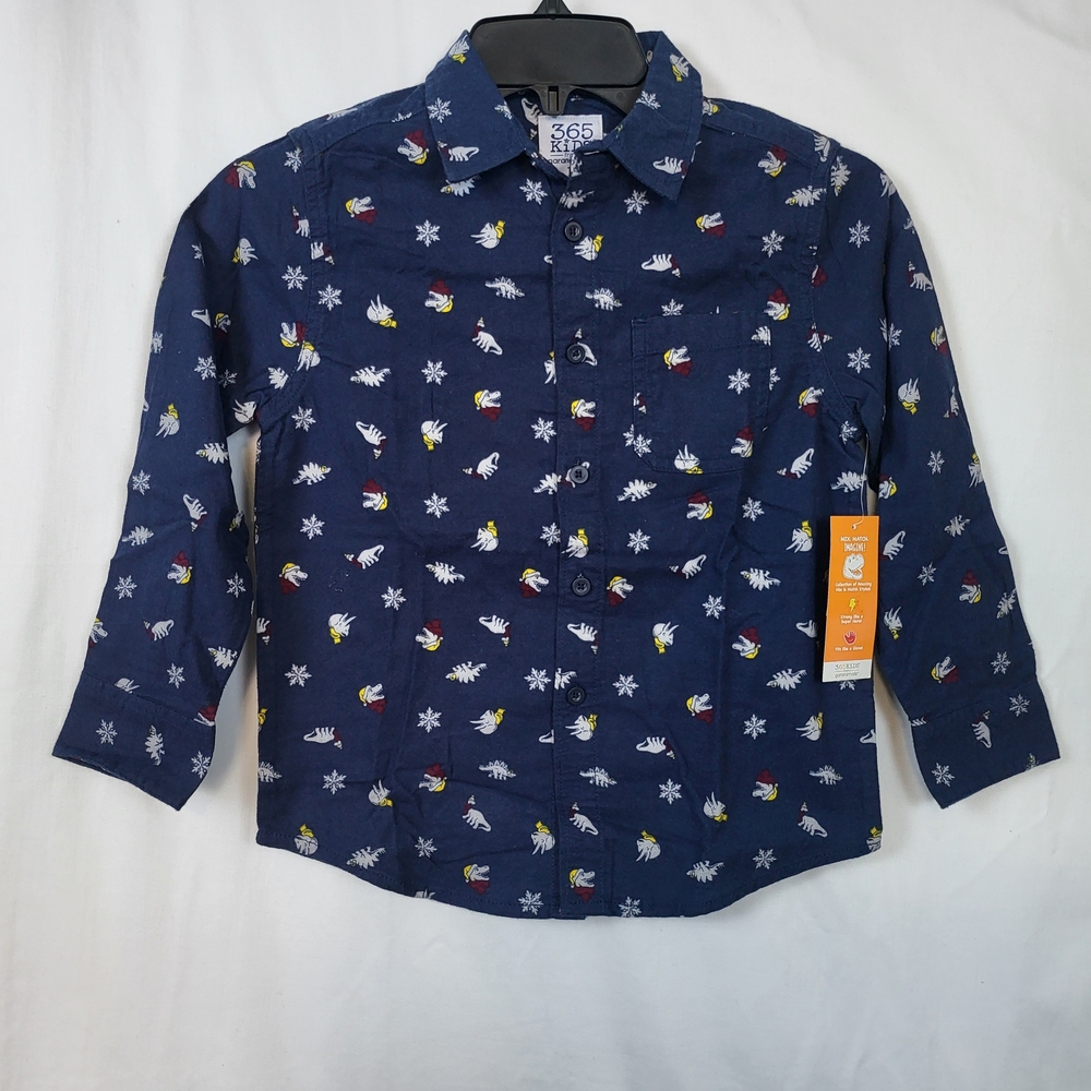 365 Kids Garanimals Boys Navy Dinosaur Pattern Long Sleeve Button Shirt Sz 7 New